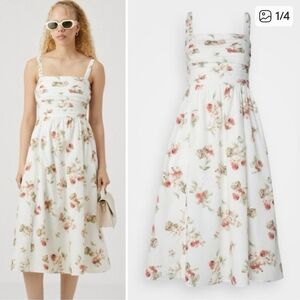 Abercrombie & Fitch White Floral Midi Dress with Pink & Green Blooms Size MP